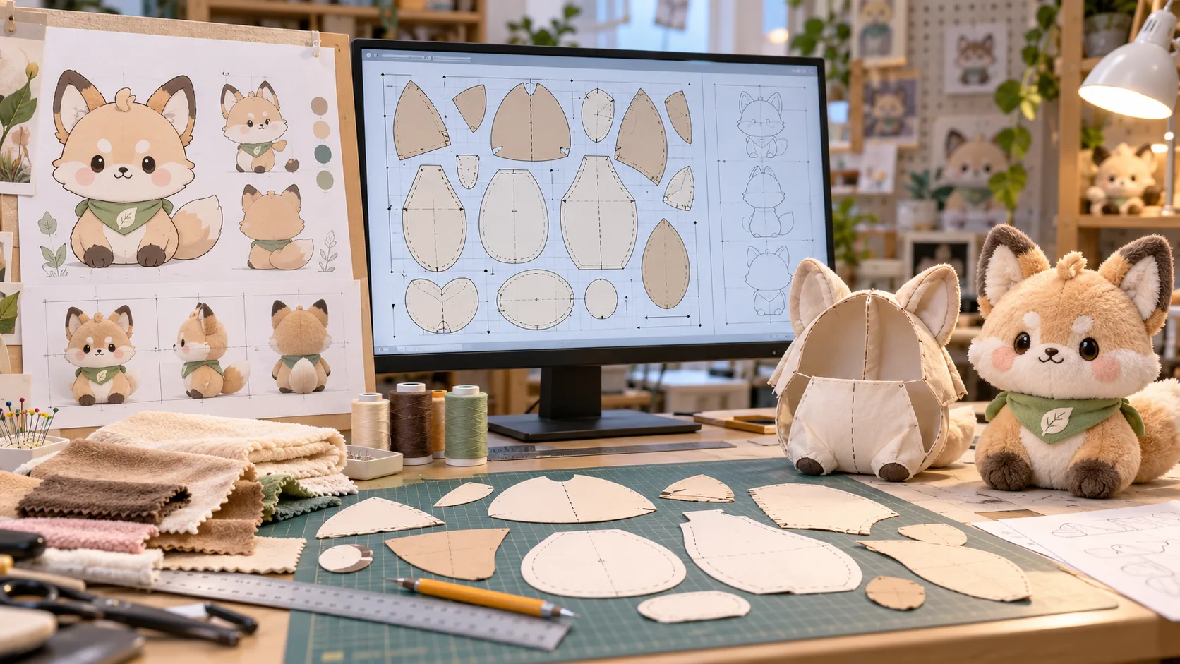 Technical 2D to 3D pattern drafting blueprint and plush construction schematic