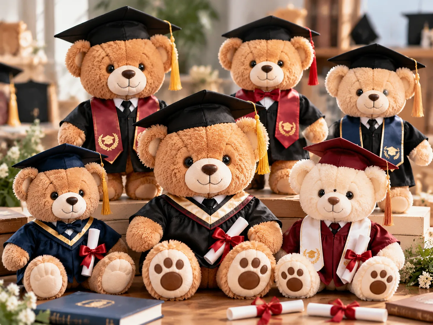 Individuelle Abschluss-Teddybären mit bestickten akademischen Roben und Doktorhüten