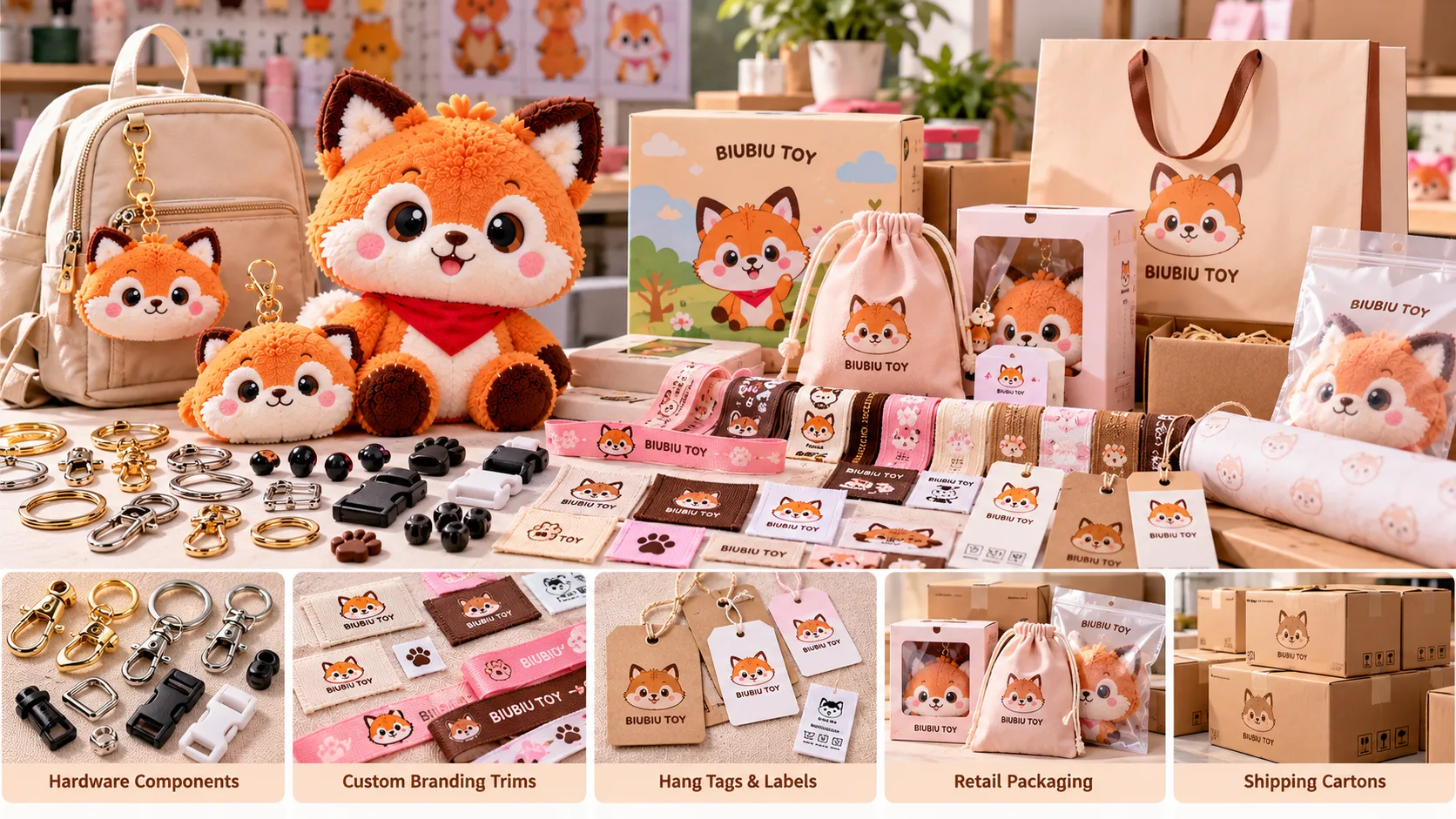 B2B custom plush trims retail packaging and barcode labelling