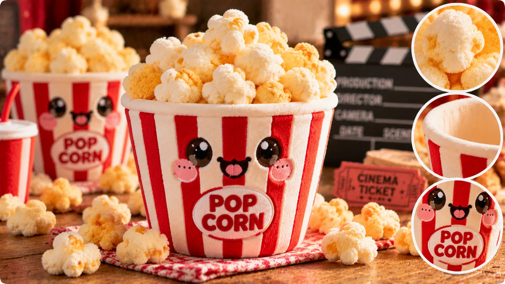 Herstellung von Plüschtieren in Form von Popcorn-Eimern für Kinos