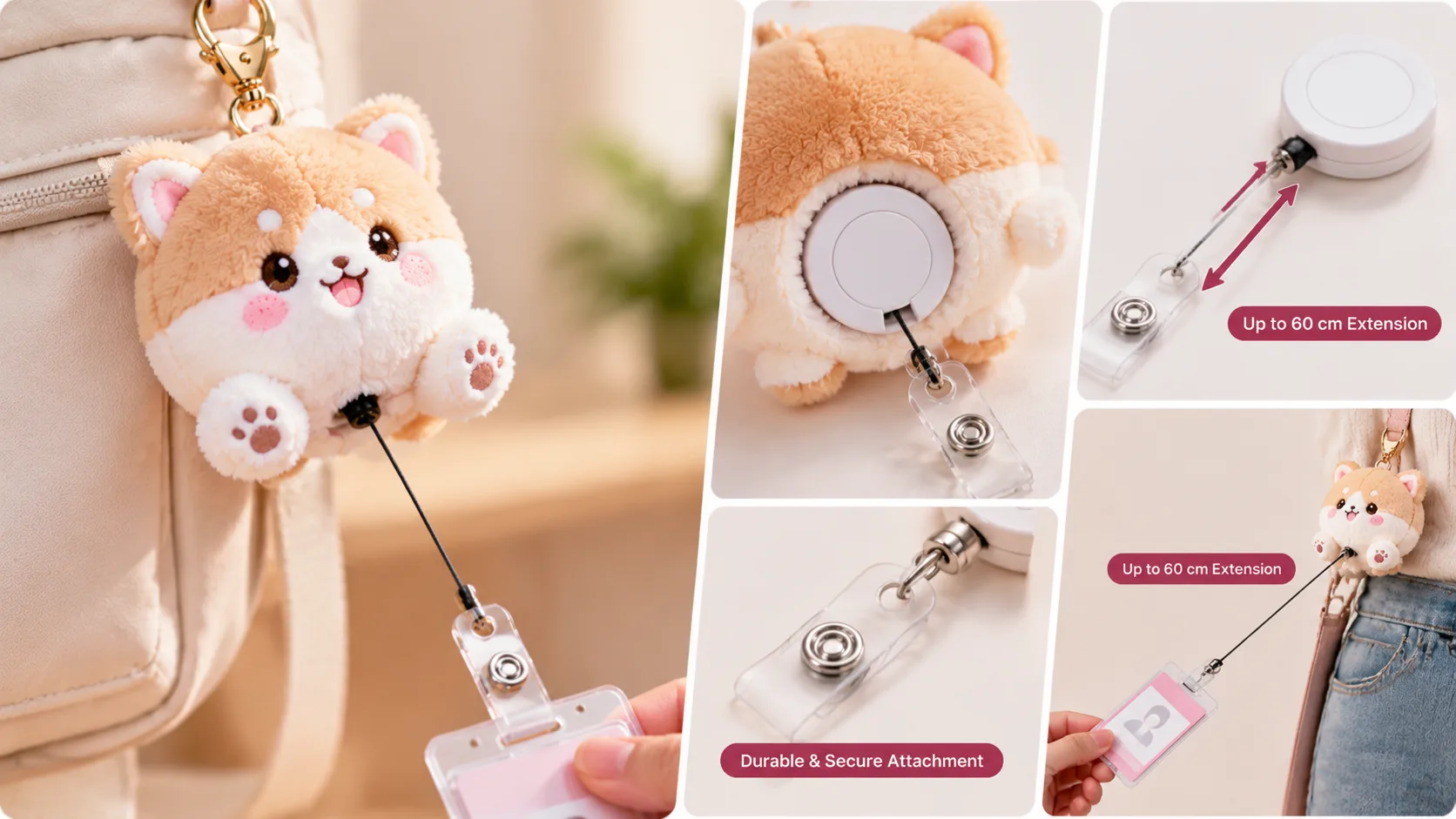 Retractable badge reel plush attachment