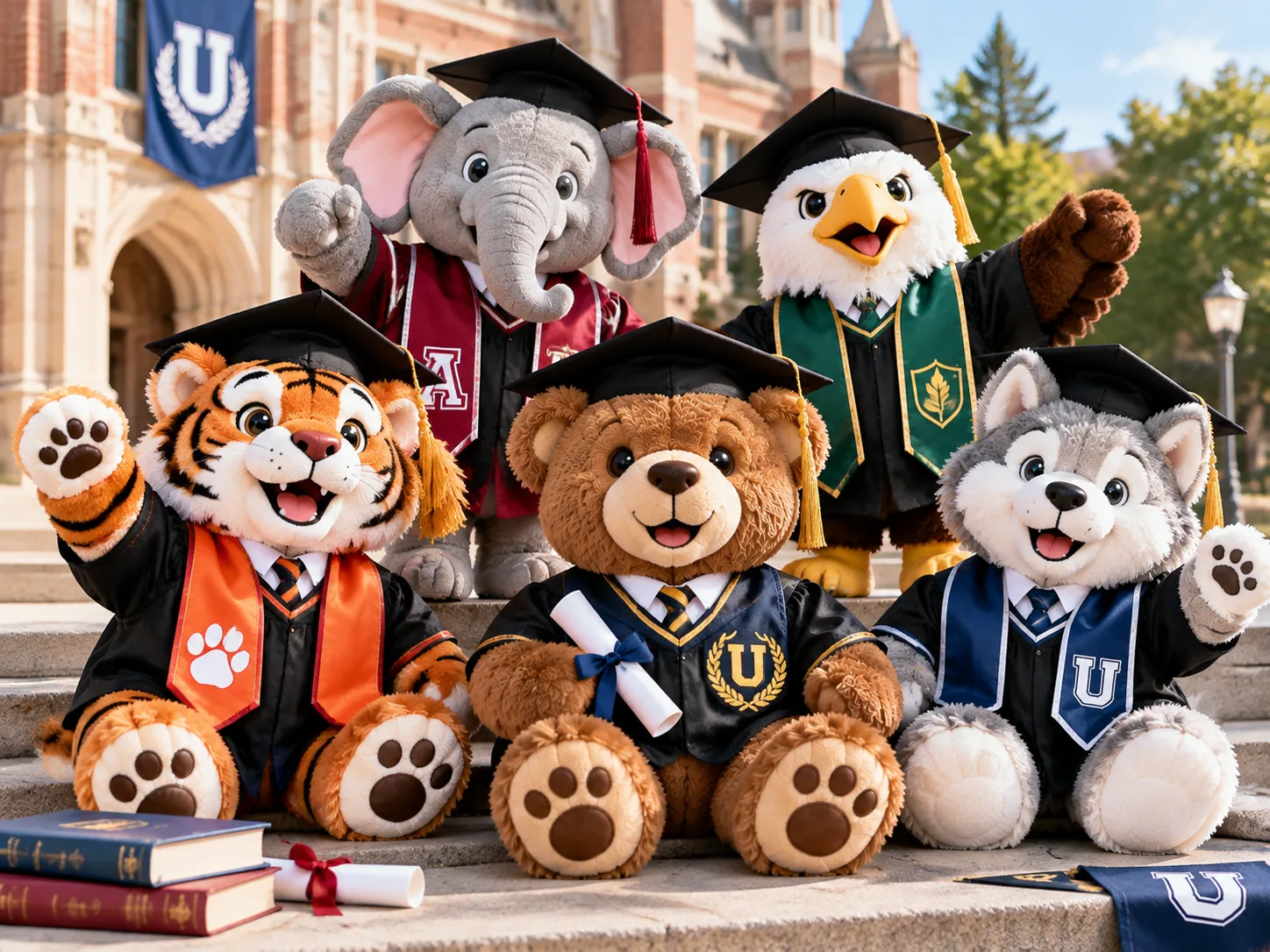 Individuell gestaltete Abschluss-Maskottchen aus Plüsch in Universitätsfarben und mit passender Kleidung