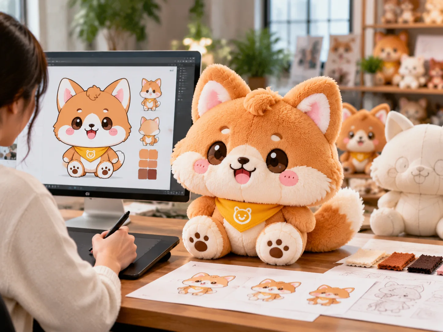 Individuell gefertigte Plüschmaskottchen mit Firmenbranding auf Basis von Vektorgrafiken