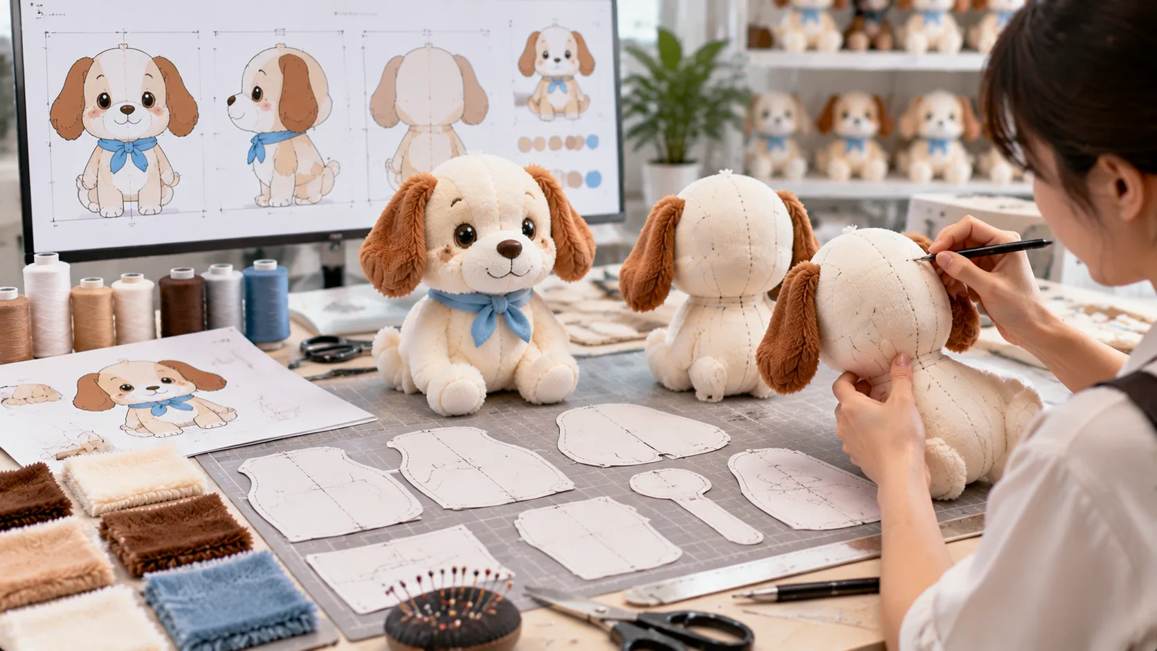 2D character concept art converted into calibrated 3D plush cutting pattern