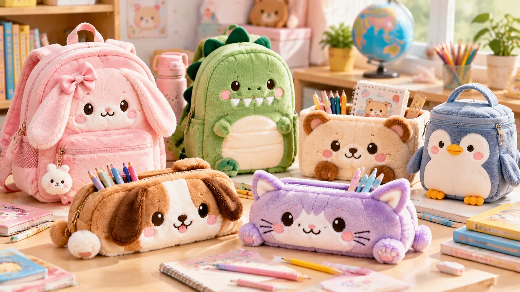 Plüsch-Federmäppchen mit Tiermotiven für Kinder sowie Aufbewahrungssets für Schulbedarf