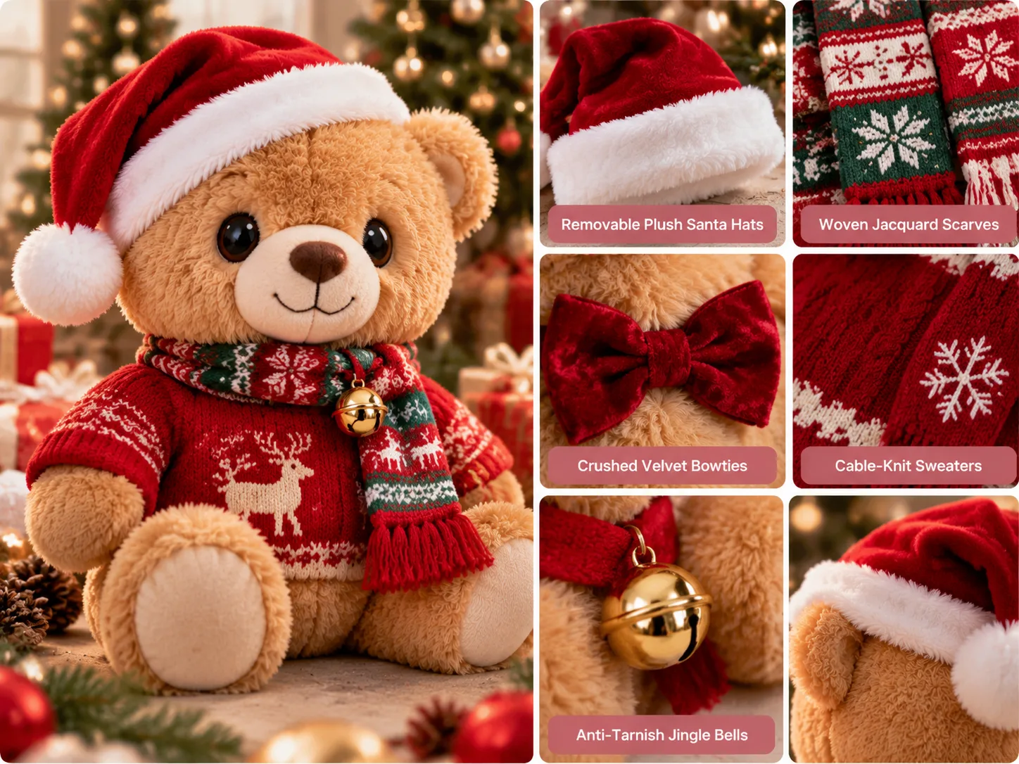 Miniatur-Weihnachtsmannmützen, Strickpullover und festliche Plüschtier-Accessoires