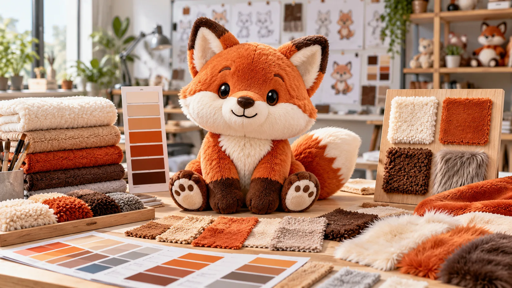 Abstimmung von Stoffen und Auswahl haptischer Materialien für Markenmaskottchen aus Plüsch