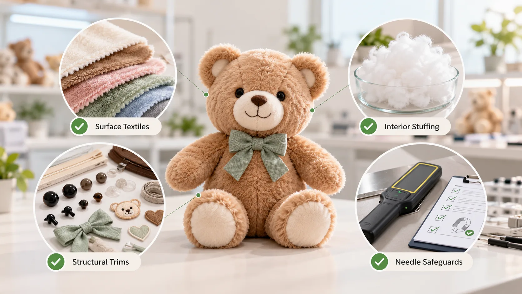 Laboratory technician conducting non-toxic plush fabric and phthalate-free toy filling inspection
