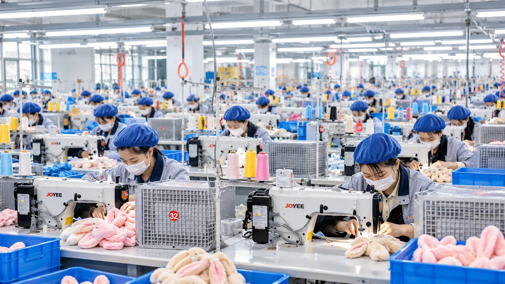 High-capacity sewing assembly line for commercial plush toy production lines