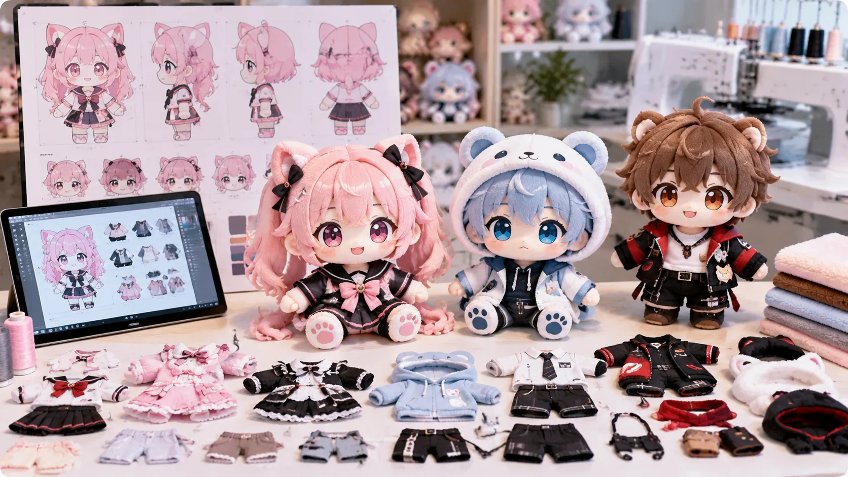 Precision custom anime plush prototype with embroidered facial details and layered apparel