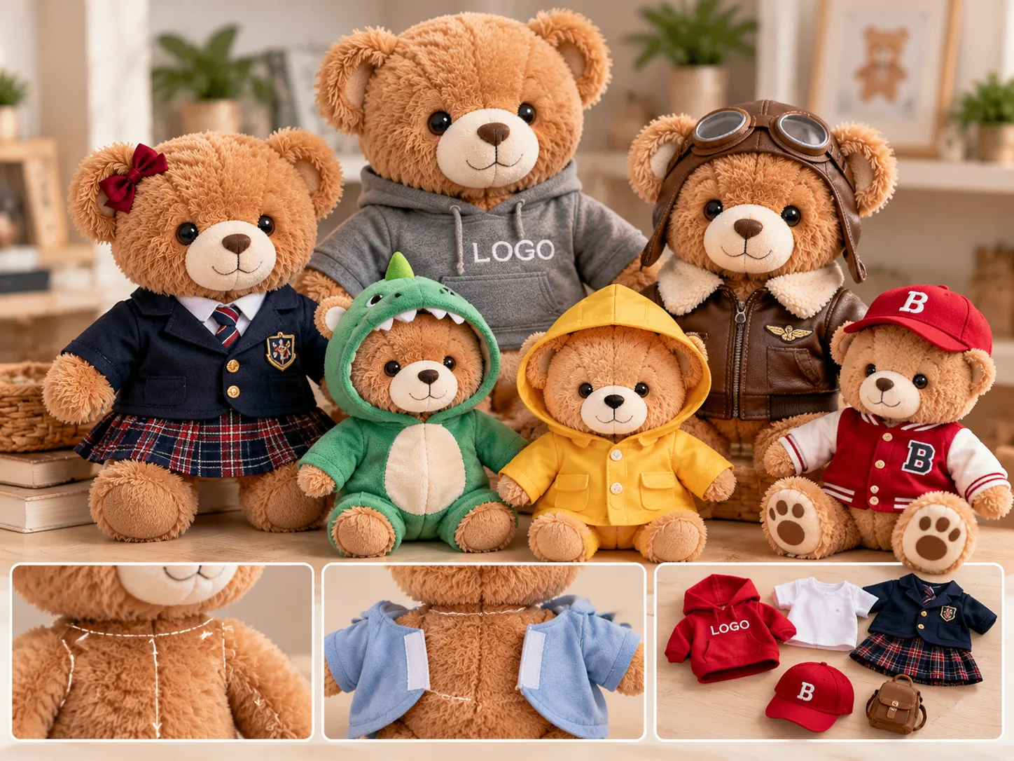 Kostümierte und thematisch gestaltete Teddybären mit individuell gebrandeter Firmenkleidung