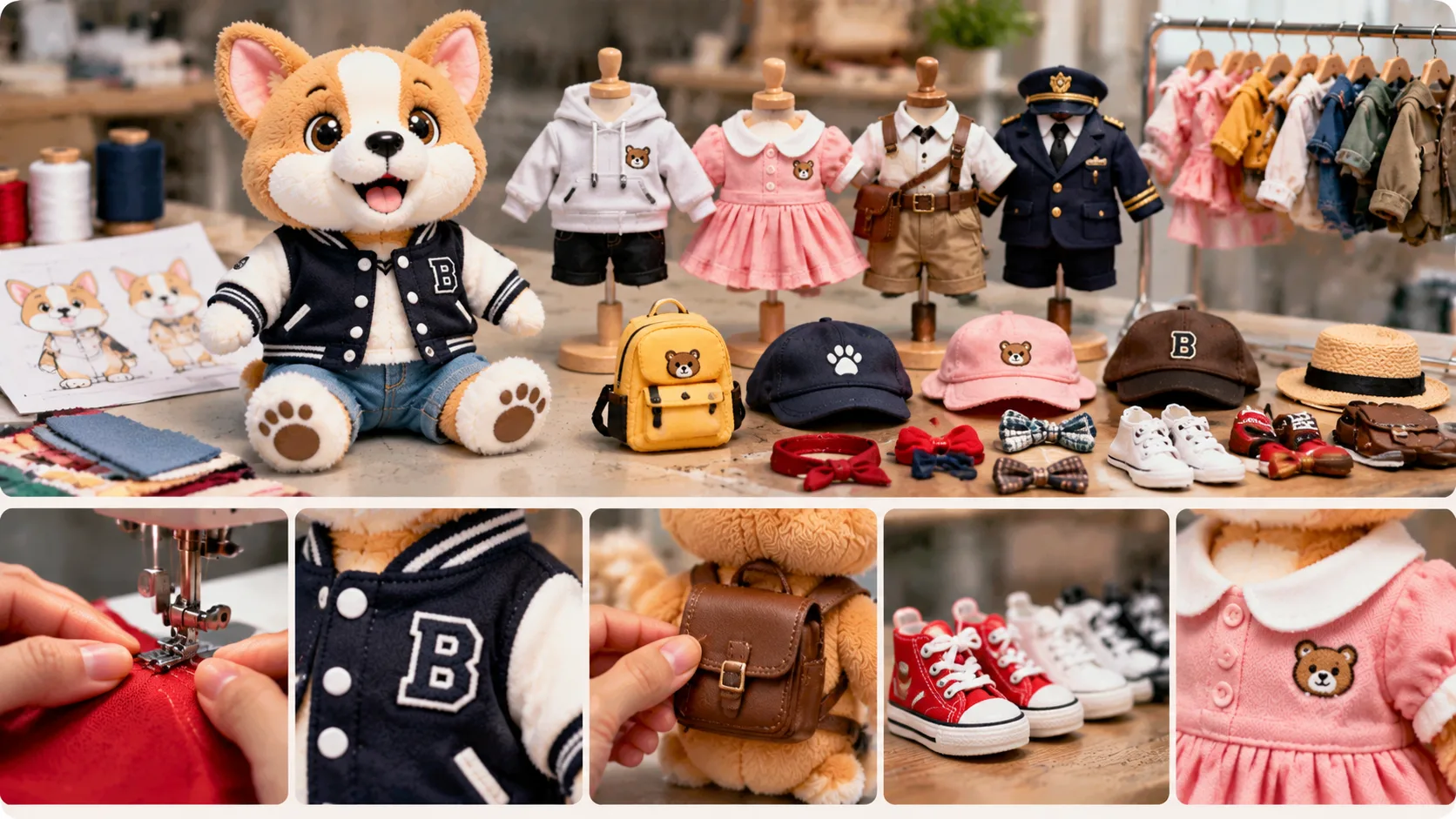 Maßgeschneiderte Kleidung und Miniaturaccessoires für Plüsch-Maskottchen von Unternehmen