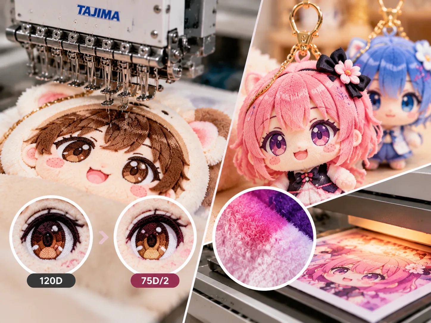 High-density micro-embroidery and digital dye-sublimation on custom plush keychain pendants
