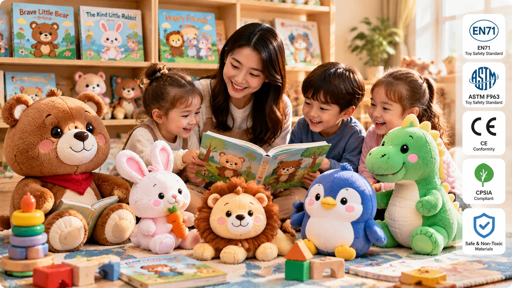 Child-safe storybook character plush manufactured with certified hypoallergenic textiles