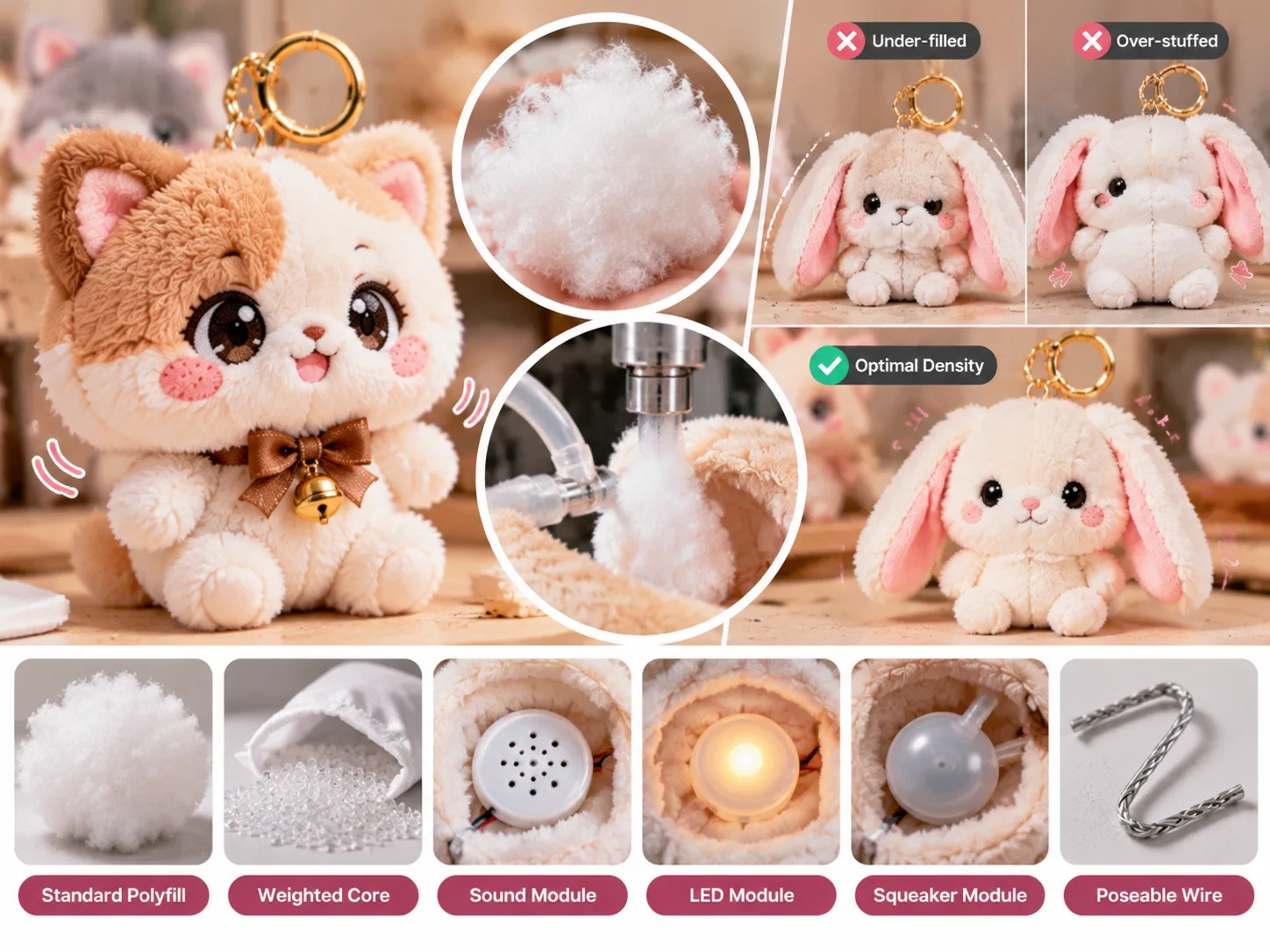 Internal polyfill injection and structural armature integration at plush keychain factory