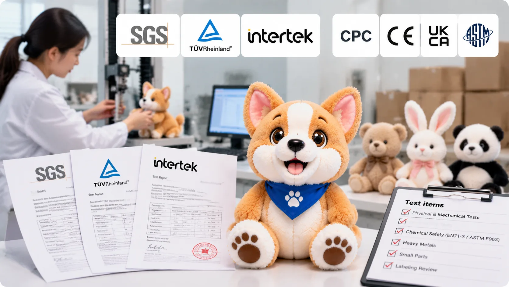 Sicherheitstests im Labor und Überprüfung der Konformität bei der Herstellung individueller Maskottchen-Plüschtiere