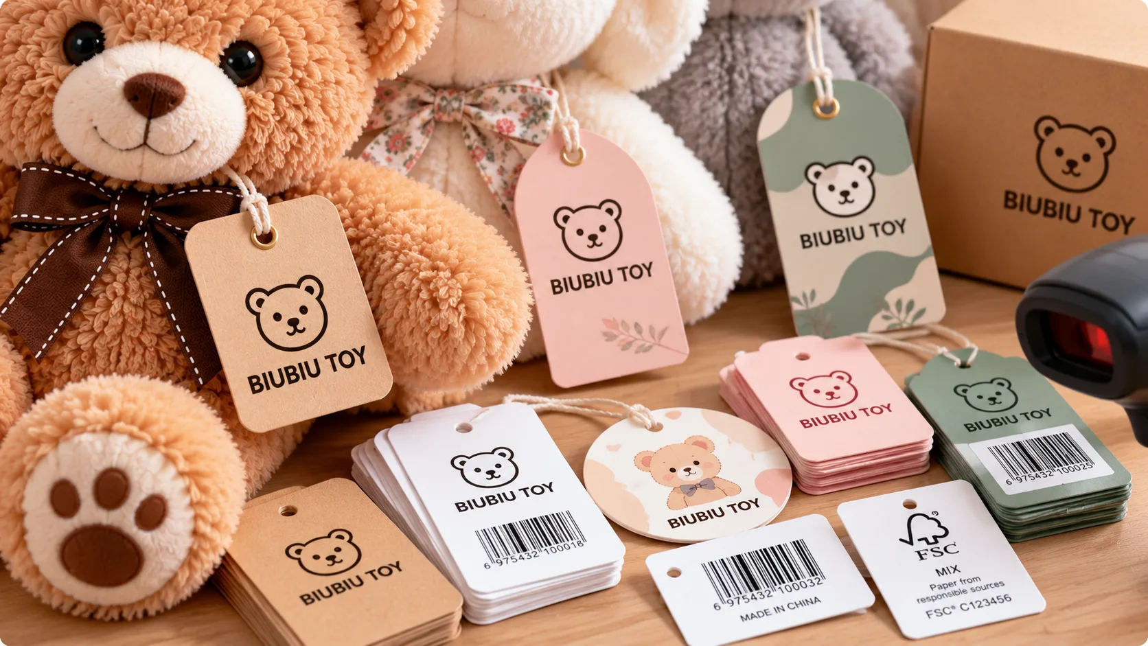 Individuelle Plüschtier-Hängeetiketten mit Einzelhandelsbarcode und Heißfolienprägung