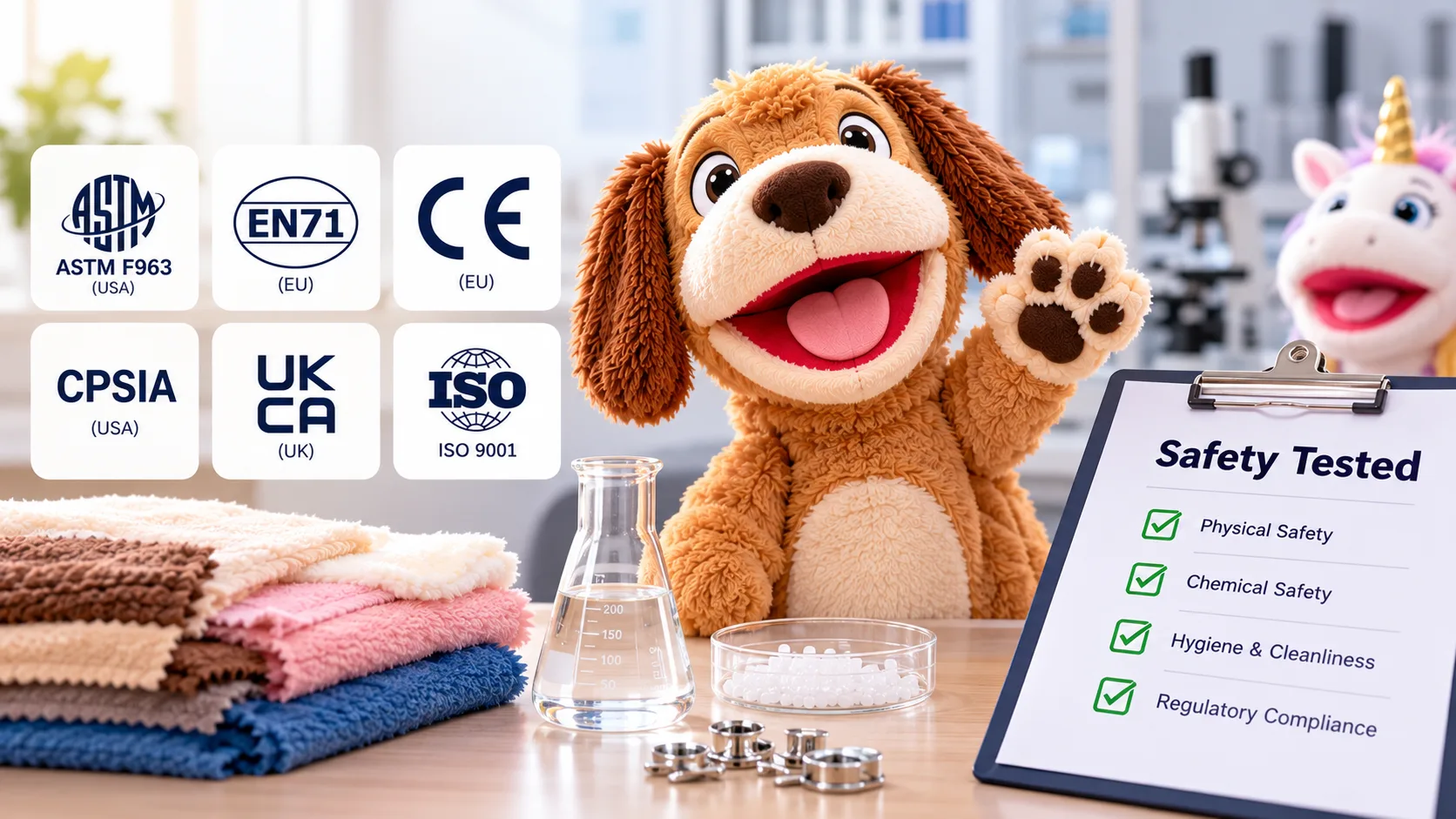 Qualitätskontrollprüfungen im Labor für maßgefertigte Plüschhandpuppen und Handpuppen