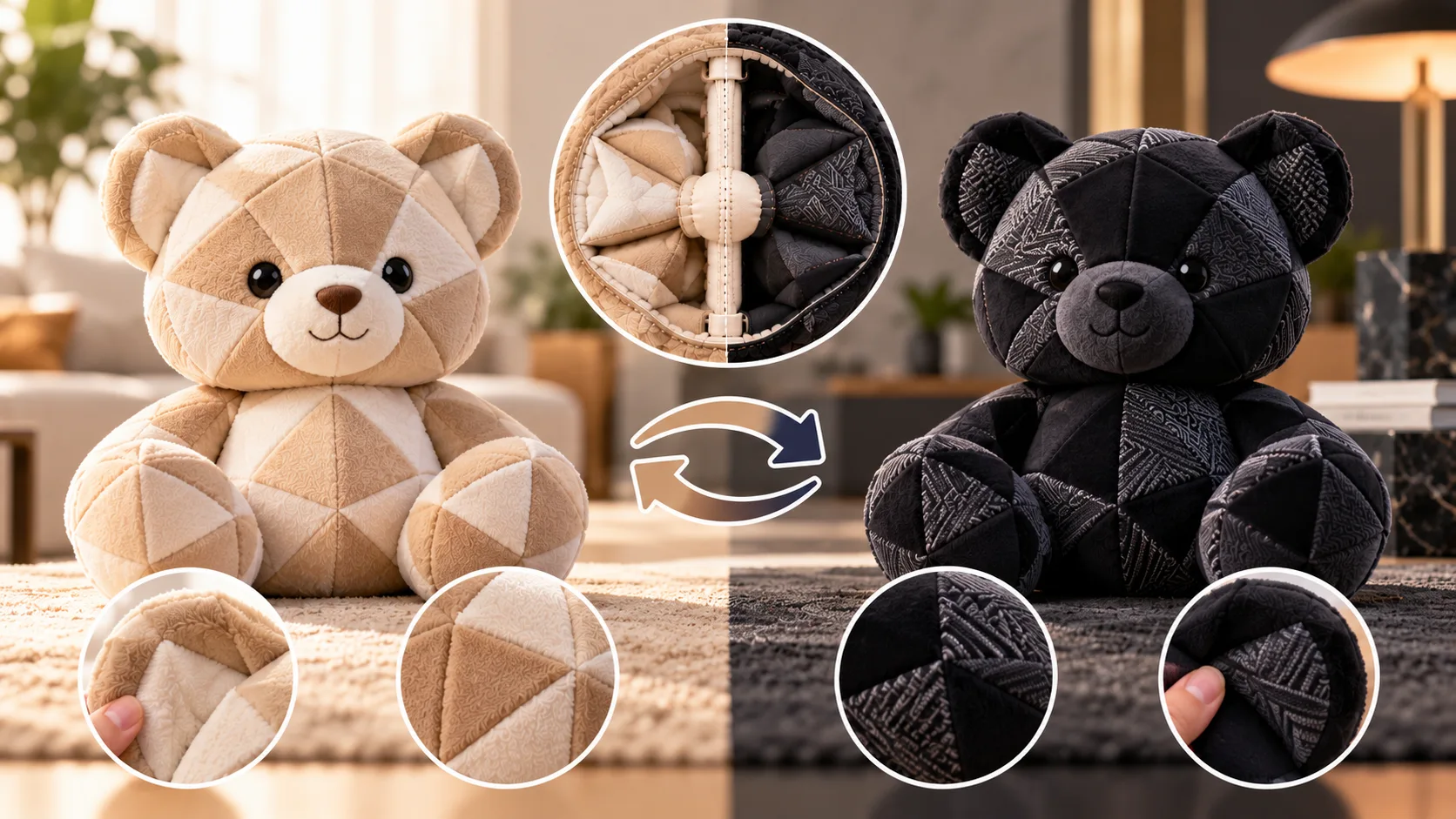 Minimalistisches Designer-Plüschtier mit geometrischem Design in zwei Farbtönen
